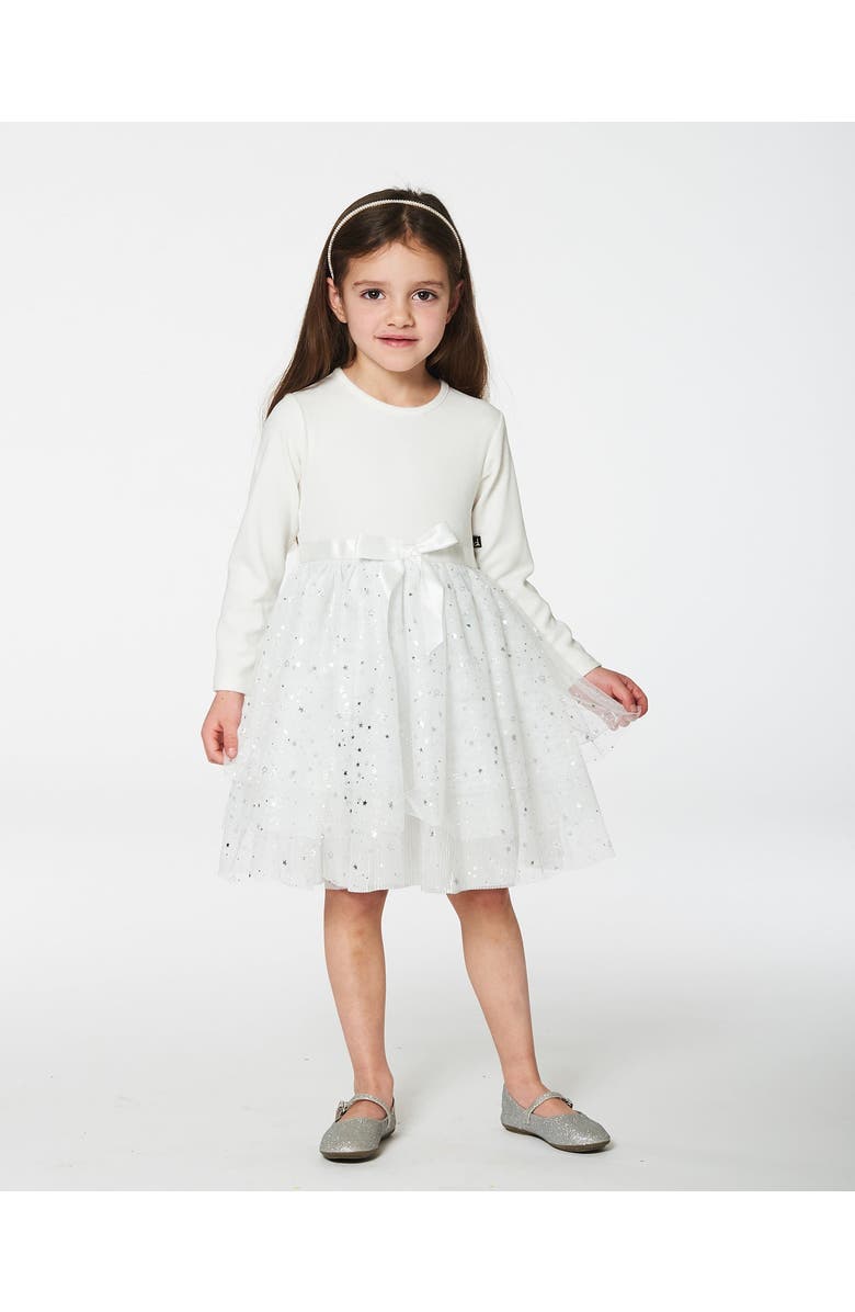 Deux par Deux Little Girl's Bi-Material Dress With Glittering Tulle Skirt Off White, Alternate, color,
