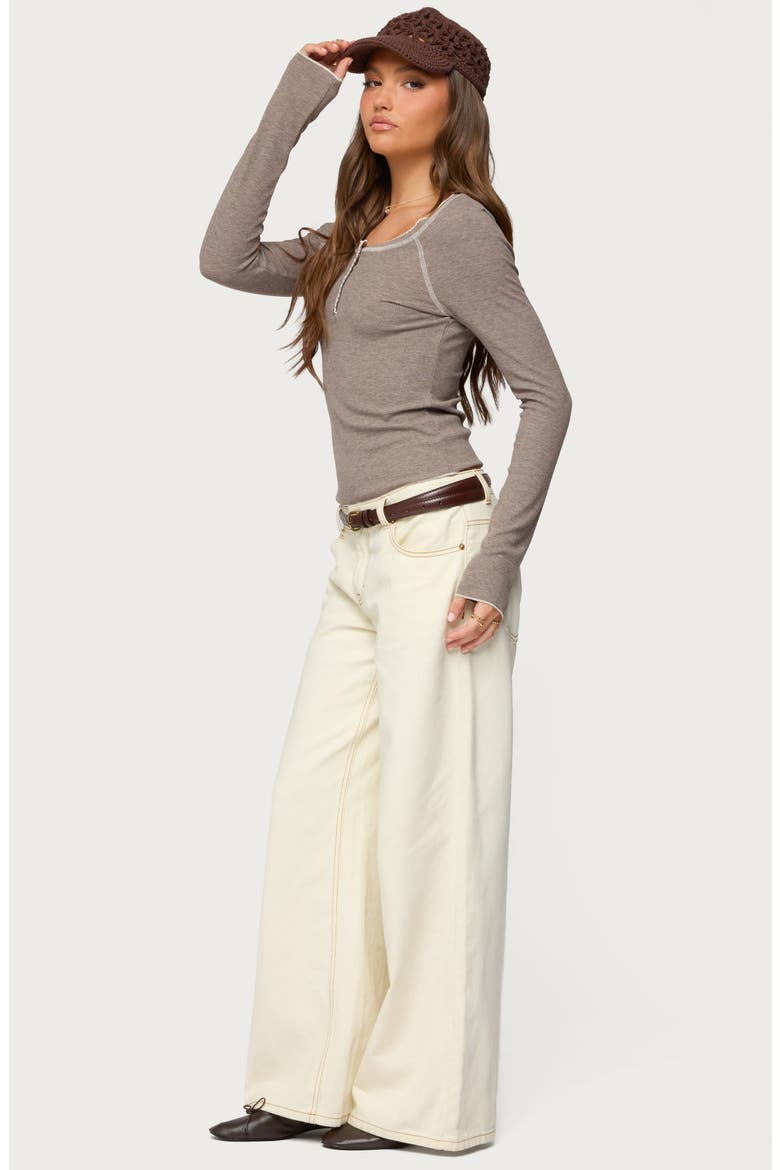Ensley Contrast Stitch Henley Top, Alternate, color, BROWN