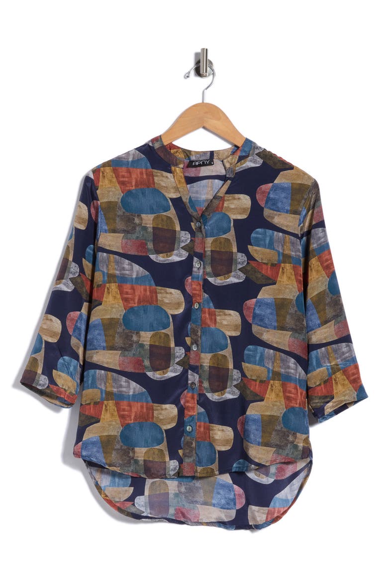 Print Mandarin Collar Shift Top, Alternate, color, BLUE/ RED MULTI