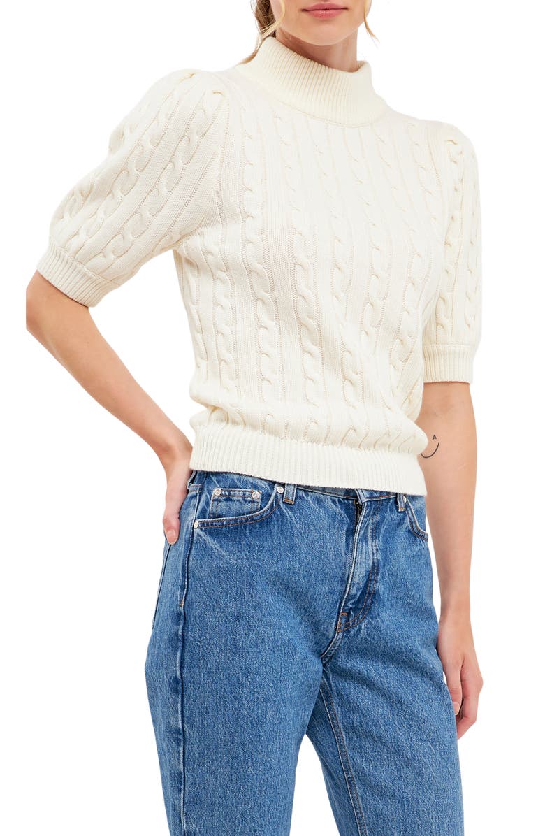 English Factory Puff Sleeve Cable Knit Sweater, Alternate, color, 