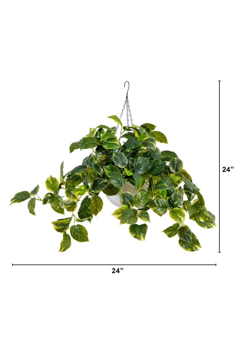 24-inUV Resistant Artificial Pothos with 50 Warm White LED Lights in White Hanging Basket, Alternate, color, Green