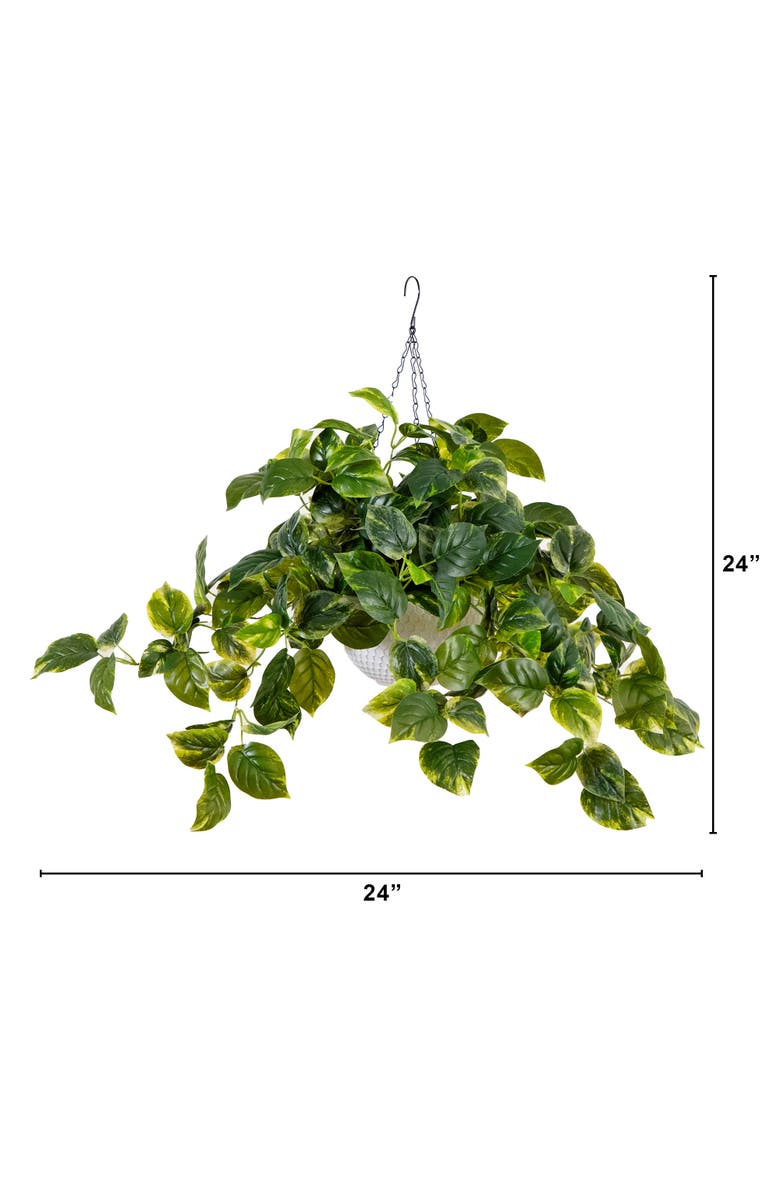 NEARLY NATURAL 24-inUV Resistant Artificial Pothos with 50 Warm White LED Lights in White Hanging Basket, Alternate, color, Green