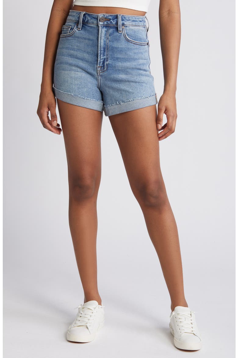 Cuffed High Waist Denim Shorts, Main, color, MEDIUM WASH