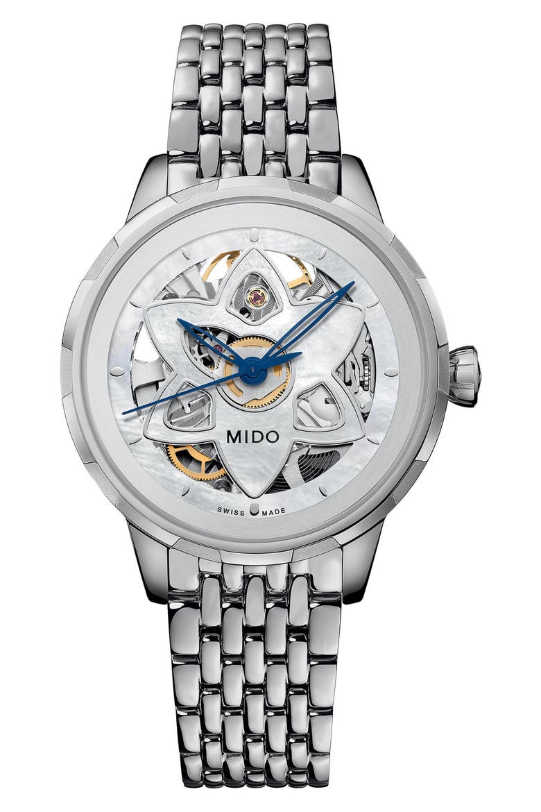 Rainflower Blossom Skeleton Automatic Bracelet Watch, 34mm, Main, color, WHITE MOTHER OF PEARL