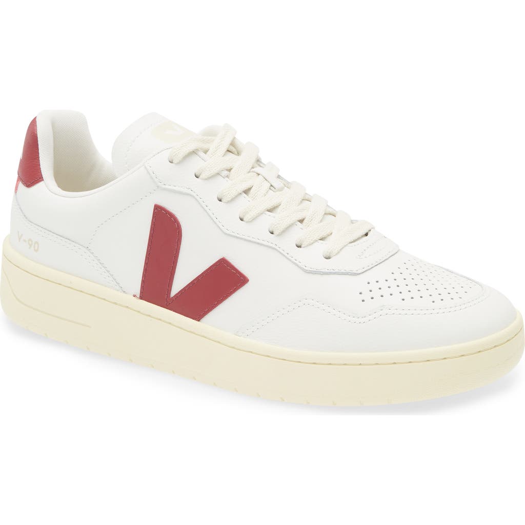 Veja V-90 Leather Sneaker in Extra-White Marsala