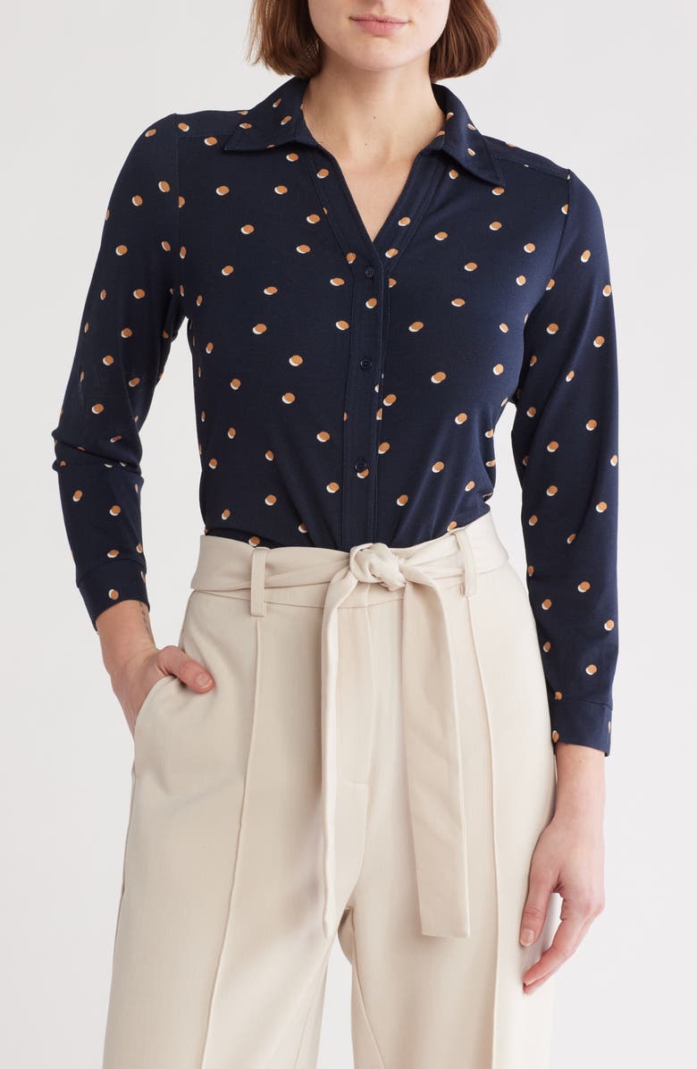Adrianna Papell Moss Crepe Button Front Shirt, Main, color, Navy/Khaki Double Dot