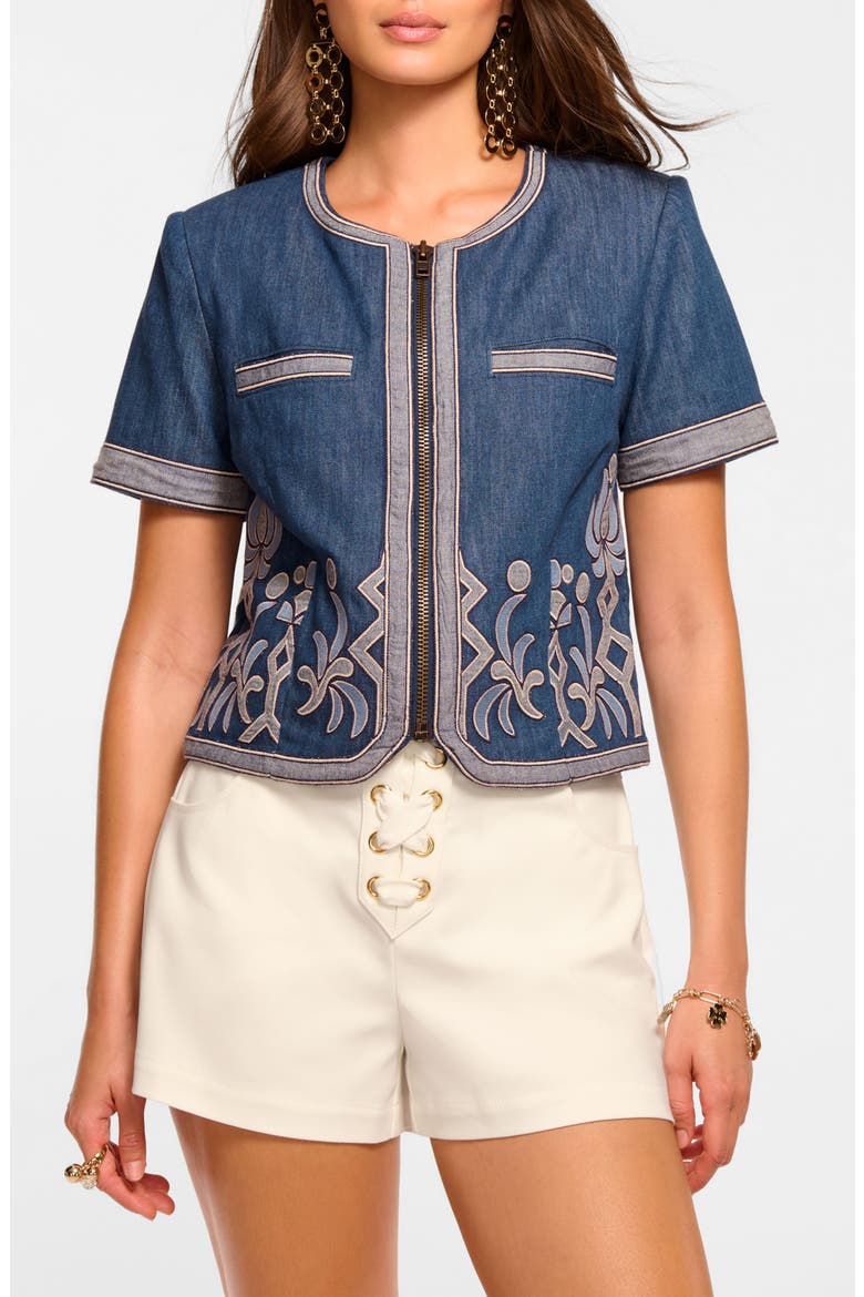 Nicko Short Sleeve Denim Jacket, Main, color, TONAL EMBROIDERED DENIM