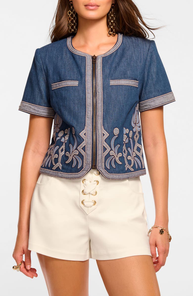 Ramy Brook Nicko Short Sleeve Denim Jacket, Main, color, Tonal Embroidered Denim