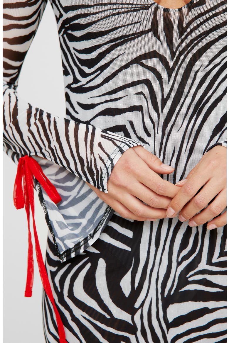 Animal Print Long Sleeve Cutout Mesh Minidress, Alternate, color, BLACK