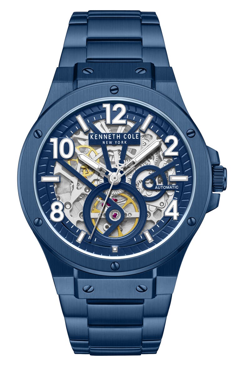 Skeleton Dial Automatic Bracelet Watch, Main, color, BLUE