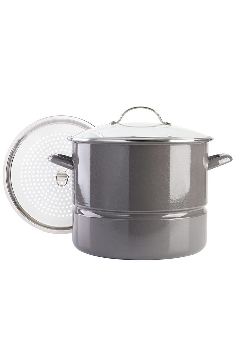 Kenmore 16 Quart Enamel On Steel Stock Pot With Steamer and Lid, Main, color, Grey