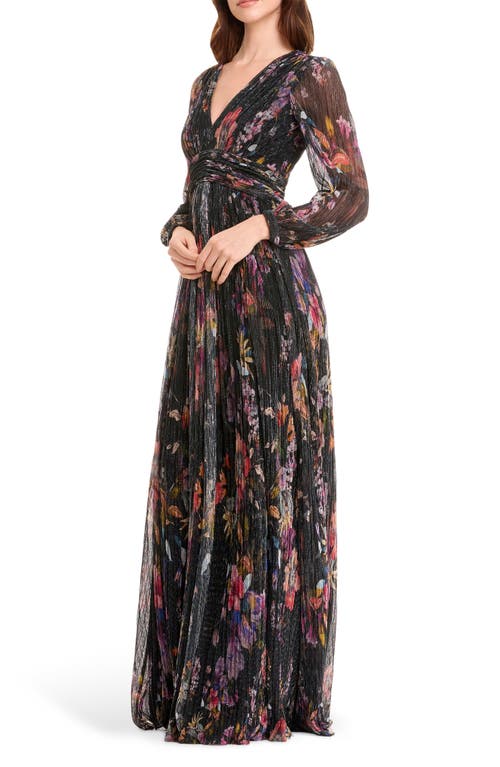 Dress The Population Pauline Metallic Floral Long Sleeve Gown In Black