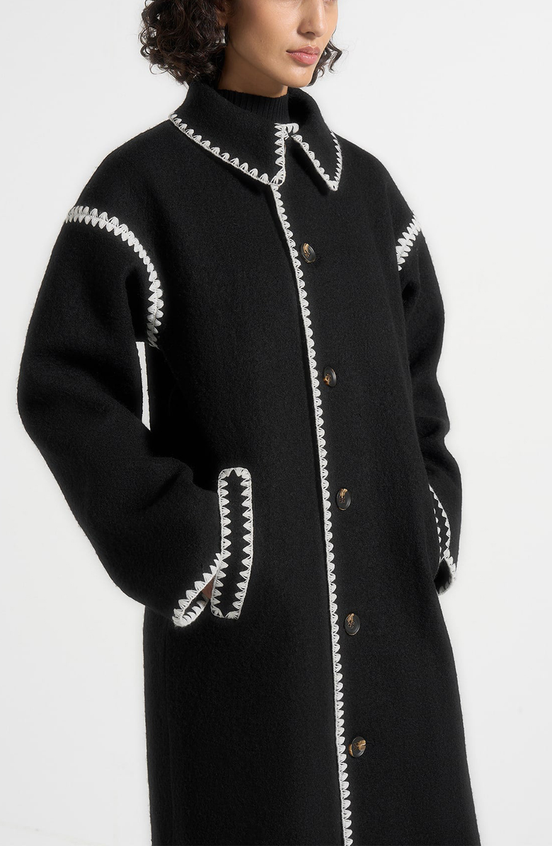 Manière De Voir Elora Wool Blanket Stitch Belted Longline Coat, Alternate, color, Black