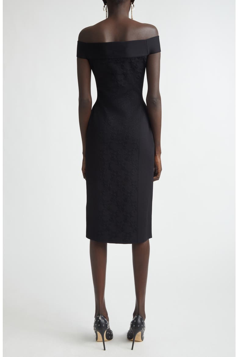 Satin & Jacquard Off the Shoulder Pencil Dress, Alternate, color, BLACK