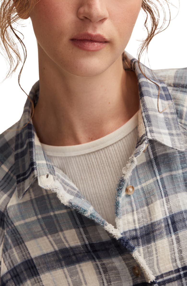 Lucky Brand Frayed Plaid Button-Up Tunic Shirt, Alternate, color, Blue Plaid