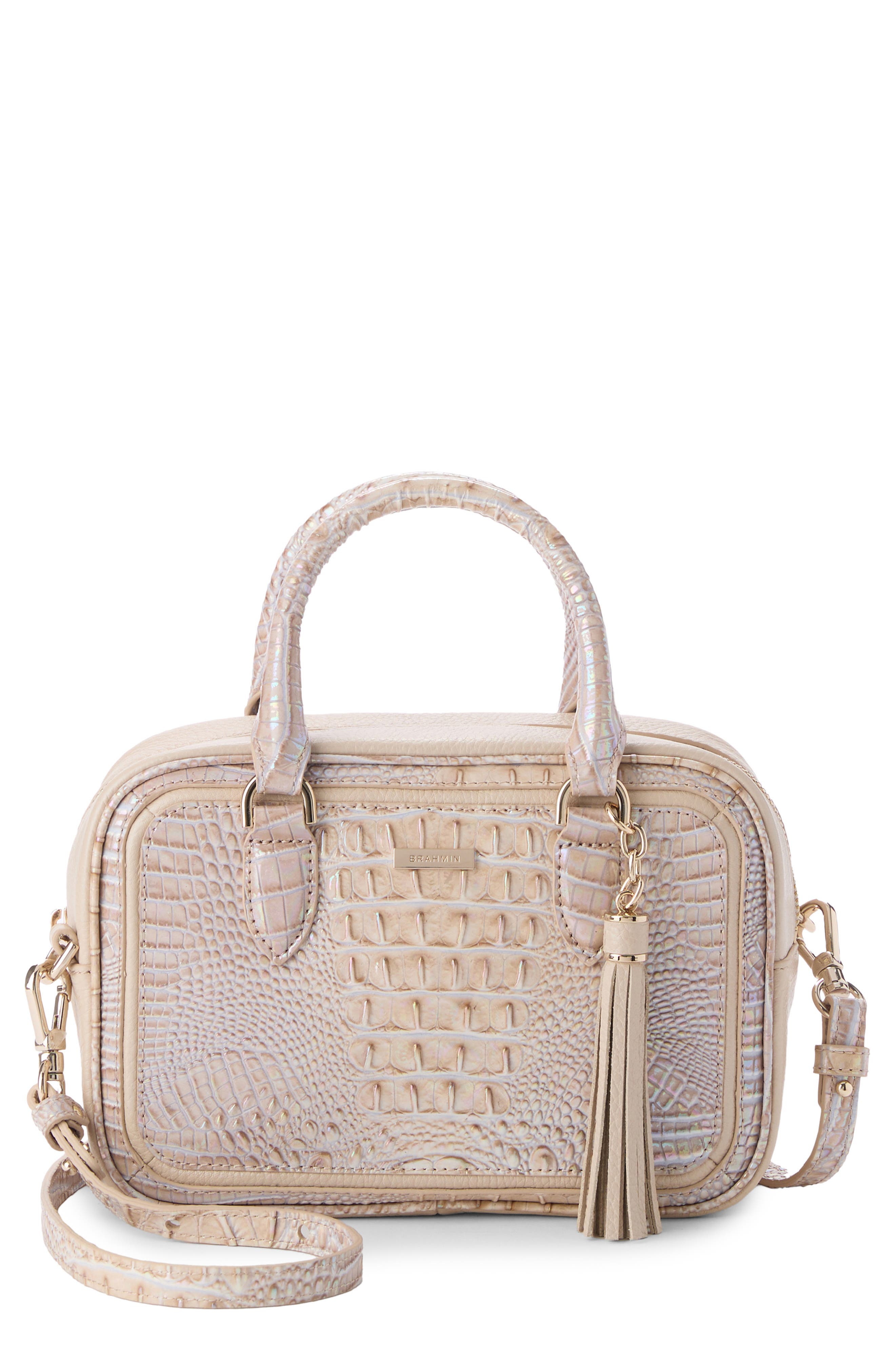 Brahmin Mara Croc Embossed Leather Top Handle Bag, Main, color, Pearl Admire