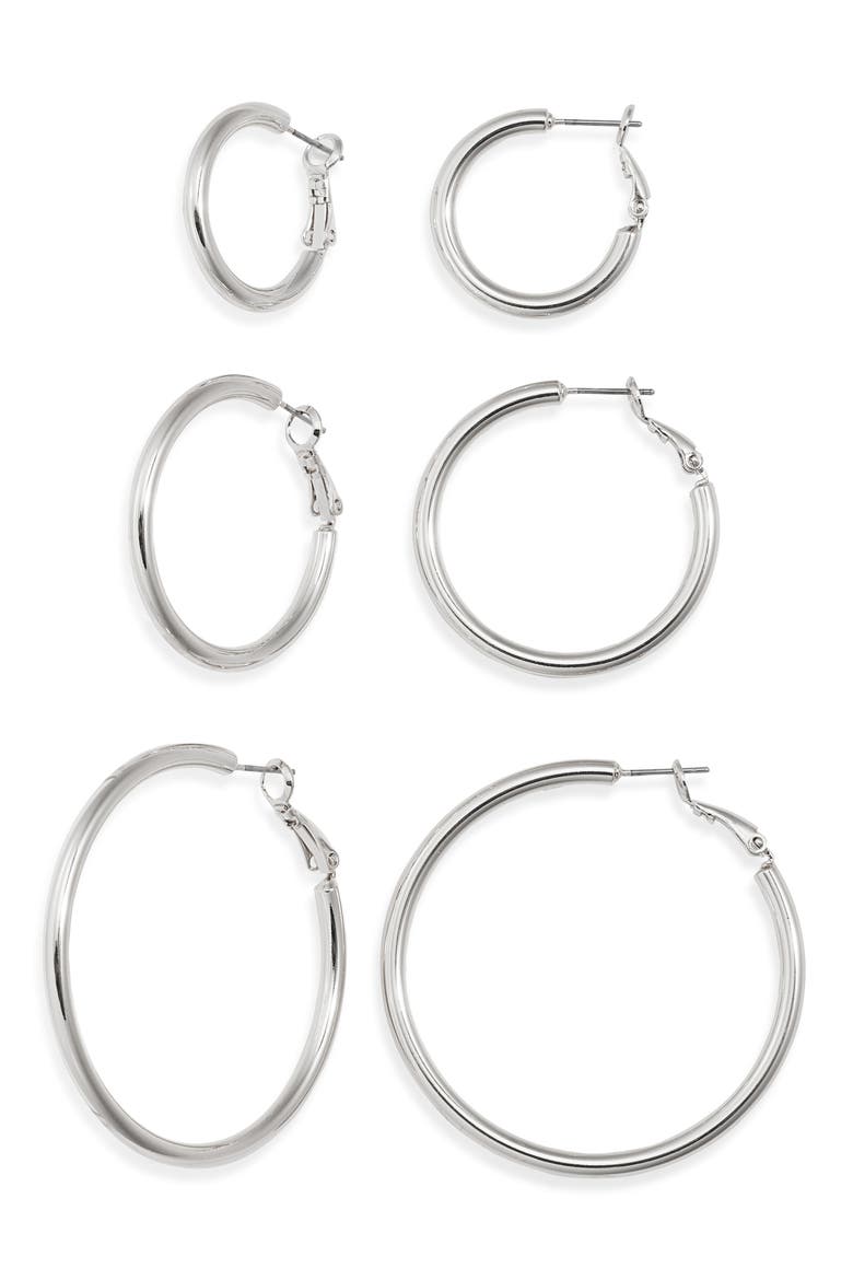 Set of 3 Medium Essential Hoop Earrings, Main, color, SILVER