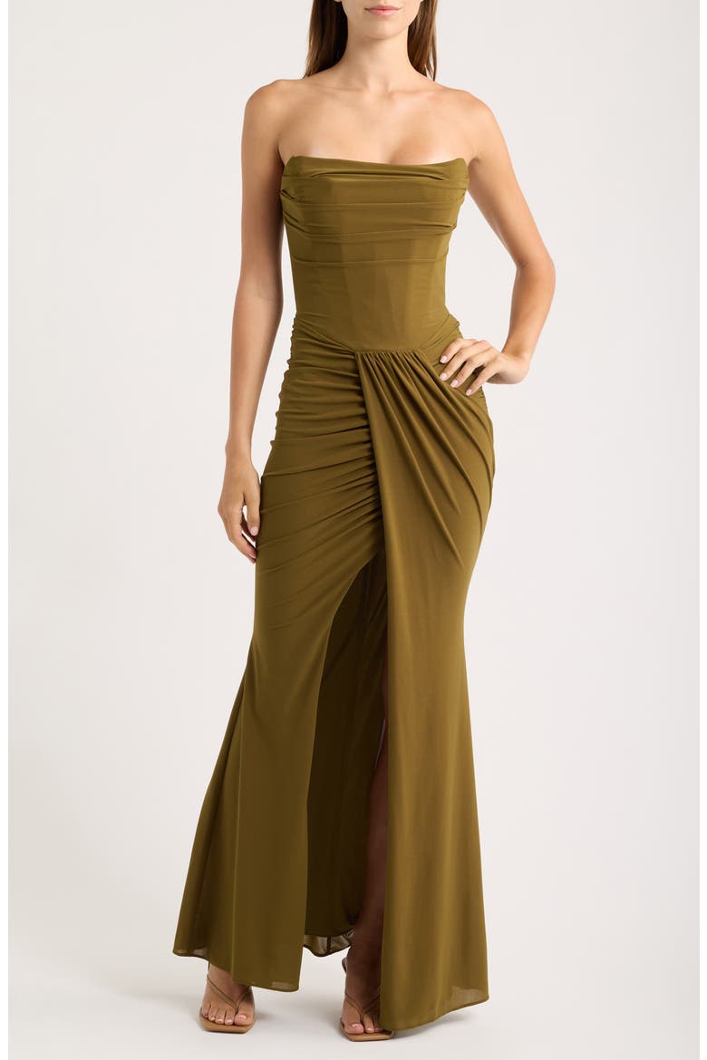 Portia Strapless Crepe Gown & Georgette Scarf Set, Alternate, color, OLIVE