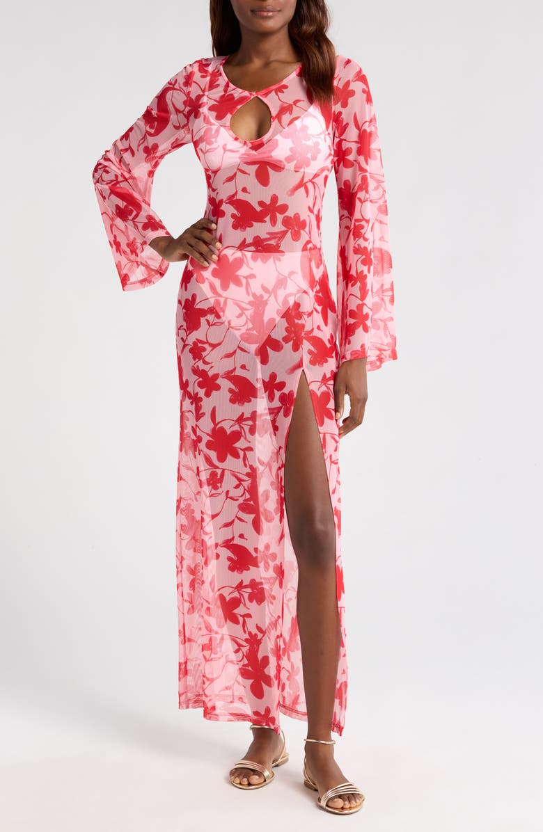 Hutch Maebry Sheer Long Sleeve Cover-Up Maxi Dress, Main, color, Lipstick Optimistic Floral