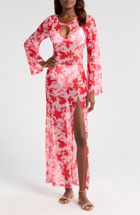 Maebry Sheer Long Sleeve Cover-Up Maxi Dress