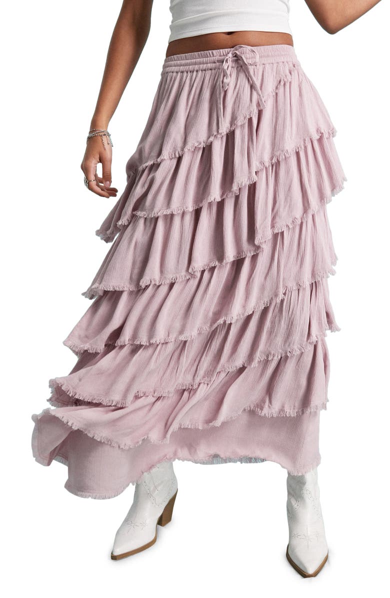 Miss Selfridge Fringe Trim Tiered Maxi Skirt, Main, color,