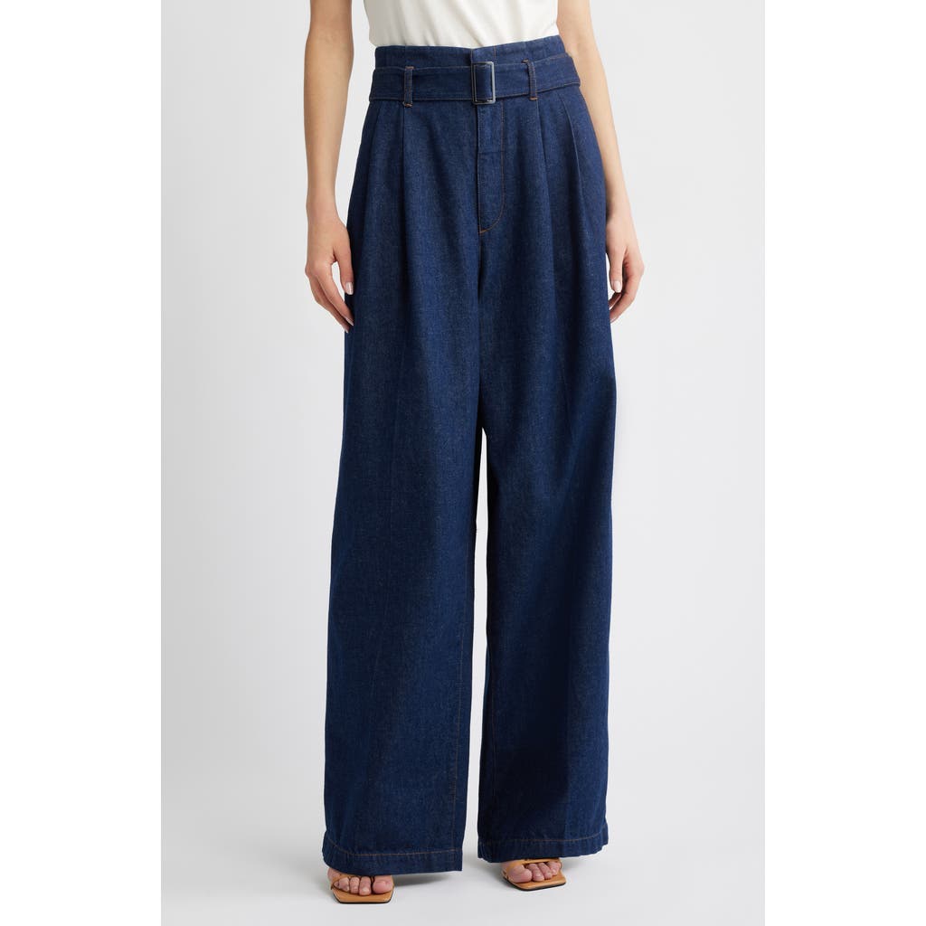 Frame The Paper Bag Belted High Waist Wide Leg Denim Trousers In Blue