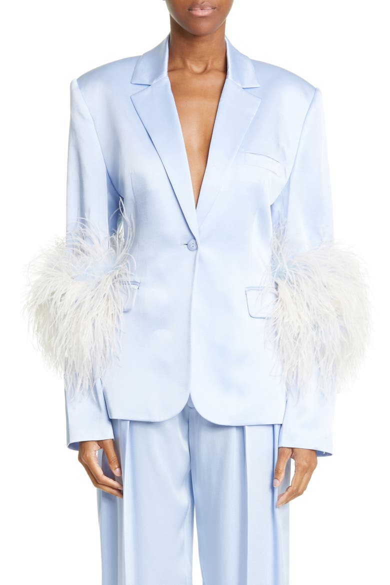 Ostrich Feather Trim Double Face Satin Blazer, Main, color, CELESTE