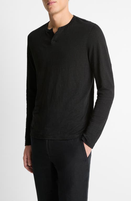 Vince Notch Neck Long Sleeve Slub Linen T-shirt In Black