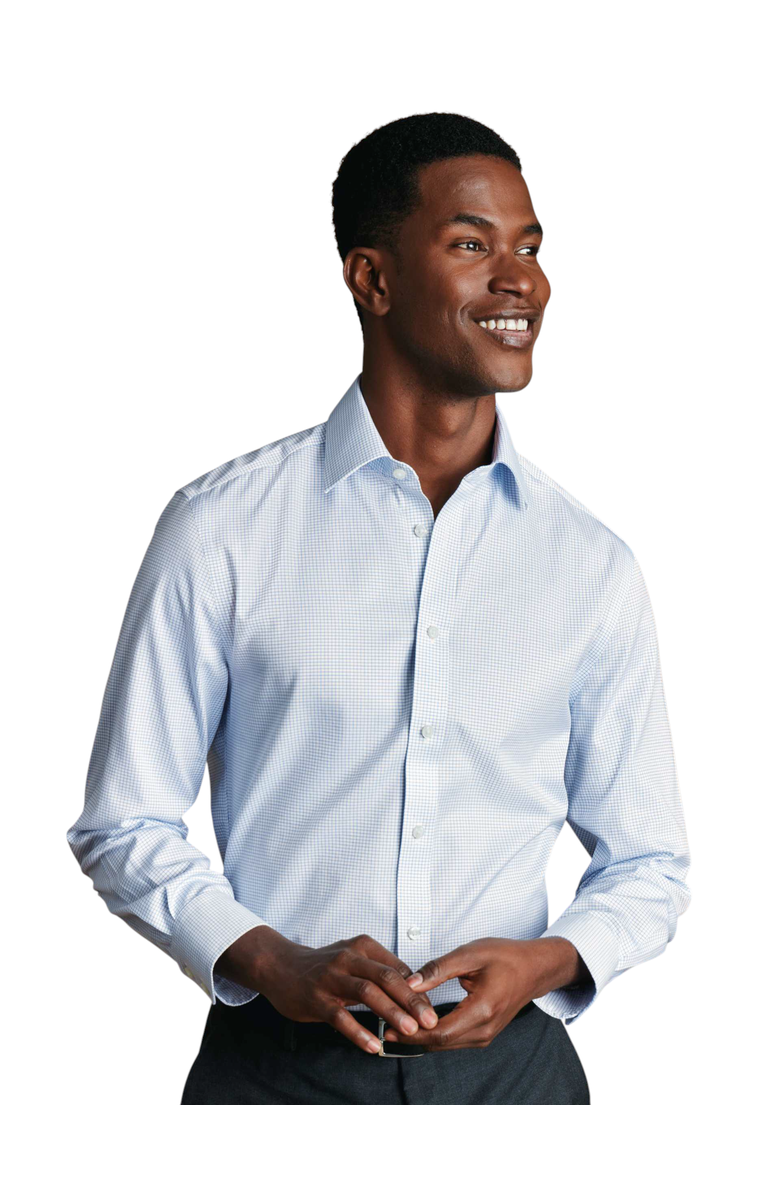Charles Tyrwhitt Non-Iron Twill Mini Grid Check Shirt, Main, color, Sky Blue