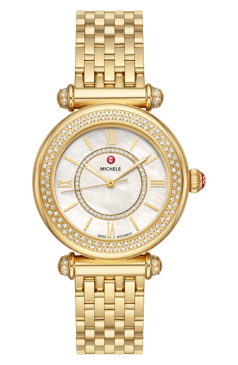 MICHELE 18K Gold Plated Caber Three-Hand Diamond Bracelet Watch, 35mm - 0.35 ctw, Main, color, 