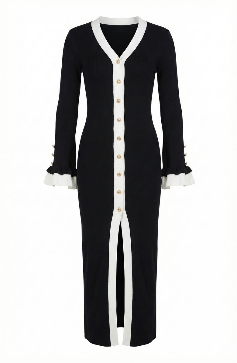 Modenaire Ribbed Knit Contrast Trim Button Front Midi Dress, Alternate, color, Black / White