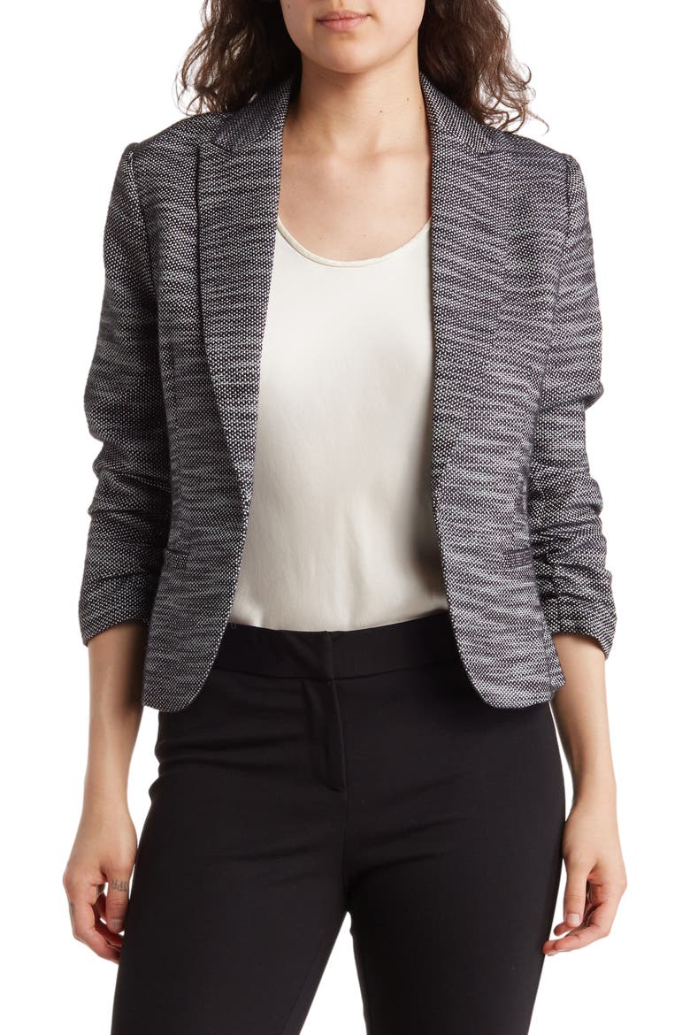 Space Dye Ruched Sleeve Jacquard Blazer, Main, color, BLACK/ WHITE