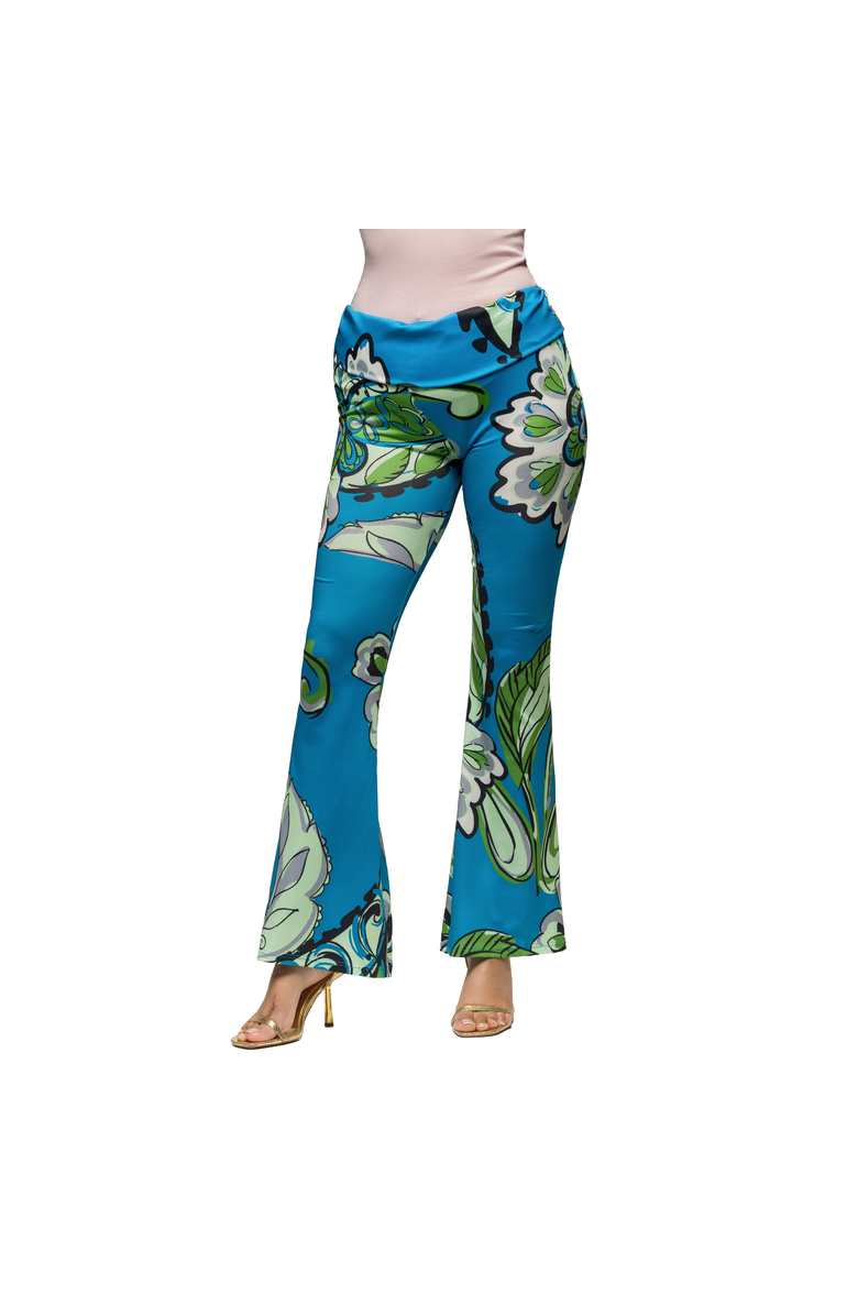 24seven Comfort Apparel Maternity Paisley Bell Bottom Foldover Waist Pants, Main, color, Blue Multi