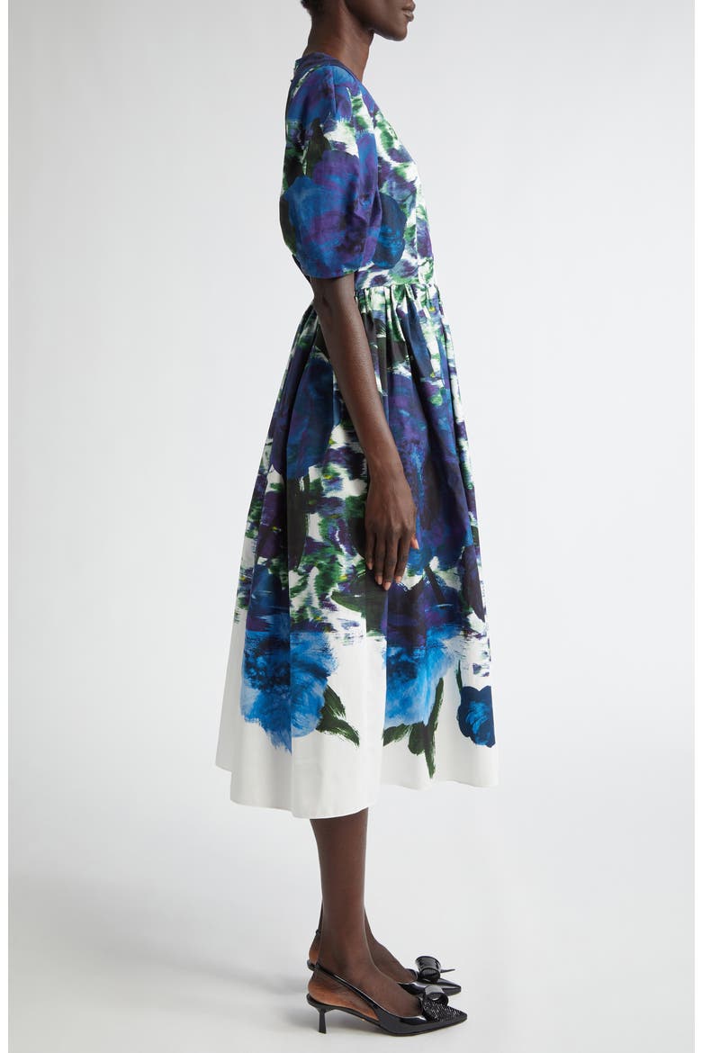 Floral Pleated Cotton Faille A-Line Midi Dress, Alternate, color, BLUE