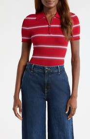 STAUD Ren Stripe Rib Polo Sweater