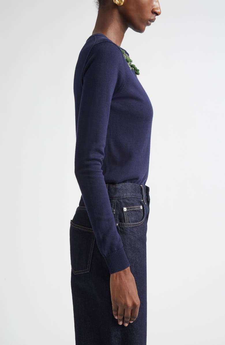 Carolina Herrera Olive Branch Embroidered Silk & Cotton Sweater, Alternate, color, Midnight Multi