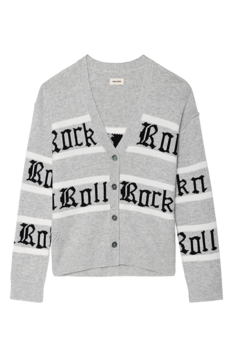 Zadig & Voltaire Mirkaz Rock 'N' Roll Jacquard Stripe Wool & Cashmere Cardigan, Alternate, color, Light Grey