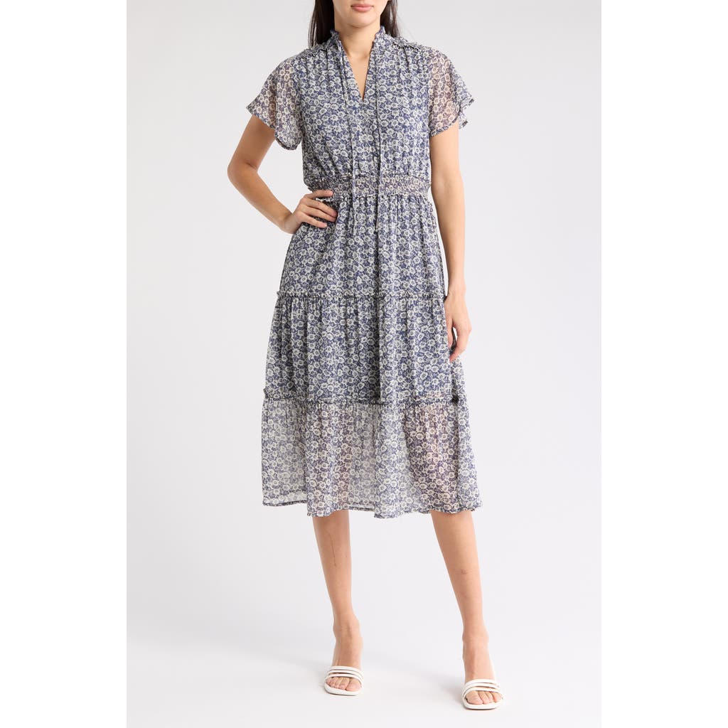 Shop Melrose And Market Tiered Midi Dress In Blue- Ivory Sketch Blossom