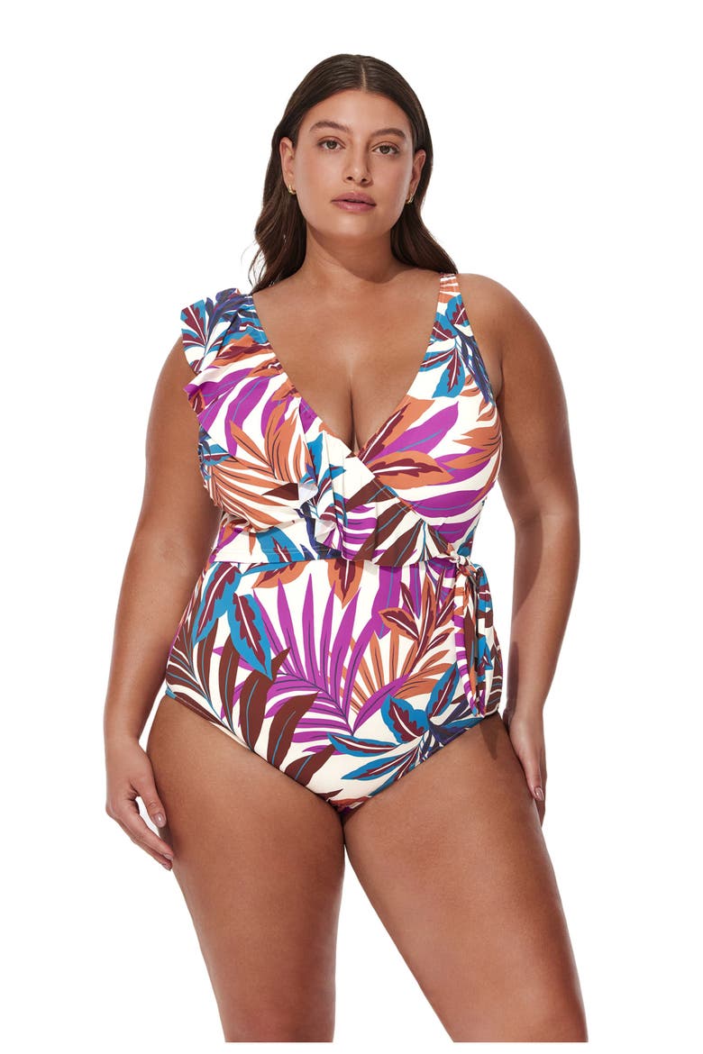 Plantopia Plus Size V-Neck Surplice Ruffle One Piece, Main, color, Multi