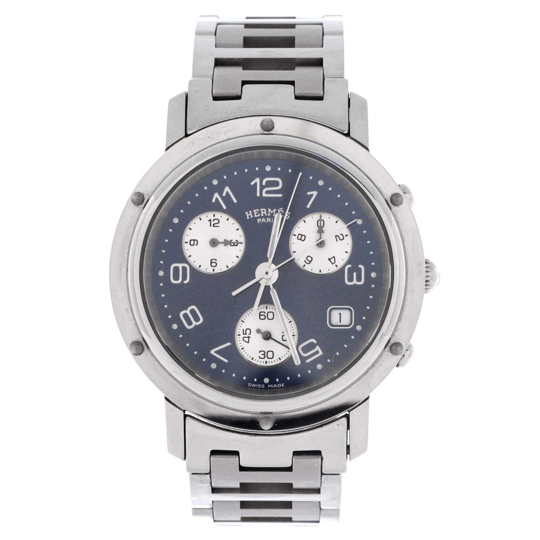 Pre-Owned Hermes Clipper Chronograph Quartz Watch Stainless Steel 38, Main, color, Silver