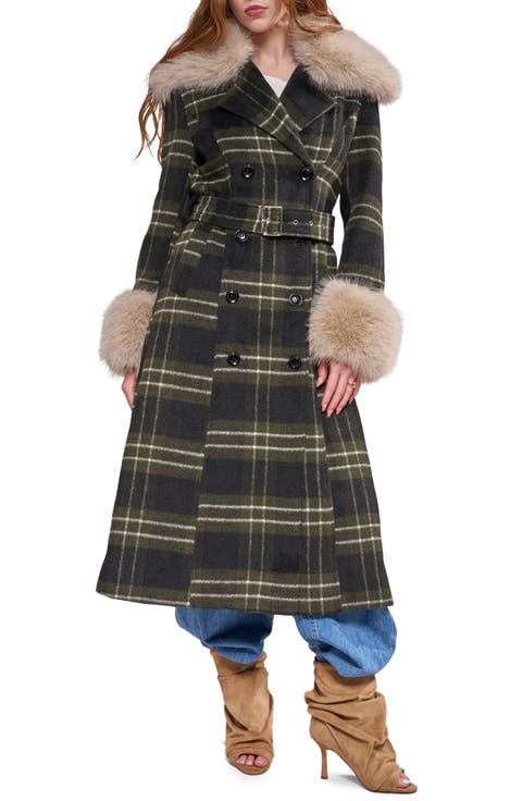 Avenna Plaid Faux Fur Trim Trench Coat