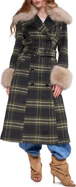AZALEA WANG Avenna Plaid Faux Fur Trim Trench Coat
