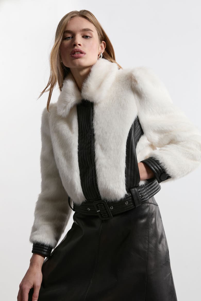 Faux Fur Pu Panel Belted Cropped Jacket, Main, color, Ivory