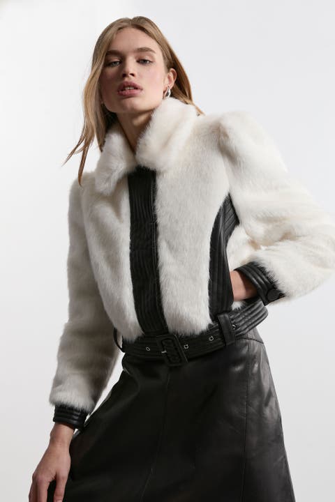 Faux Fur Pu Panel Belted Cropped Jacket