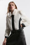 Karen Millen Faux Fur Pu Panel Belted Cropped Jacket