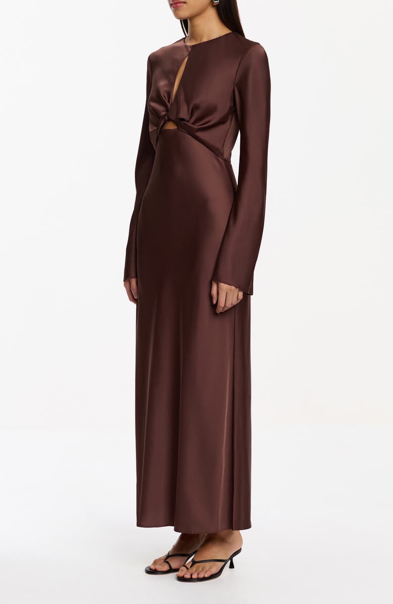 Significant Other Molly Long Sleeve Cutout Detail Satin Gown, Alternate, color, Chocolate