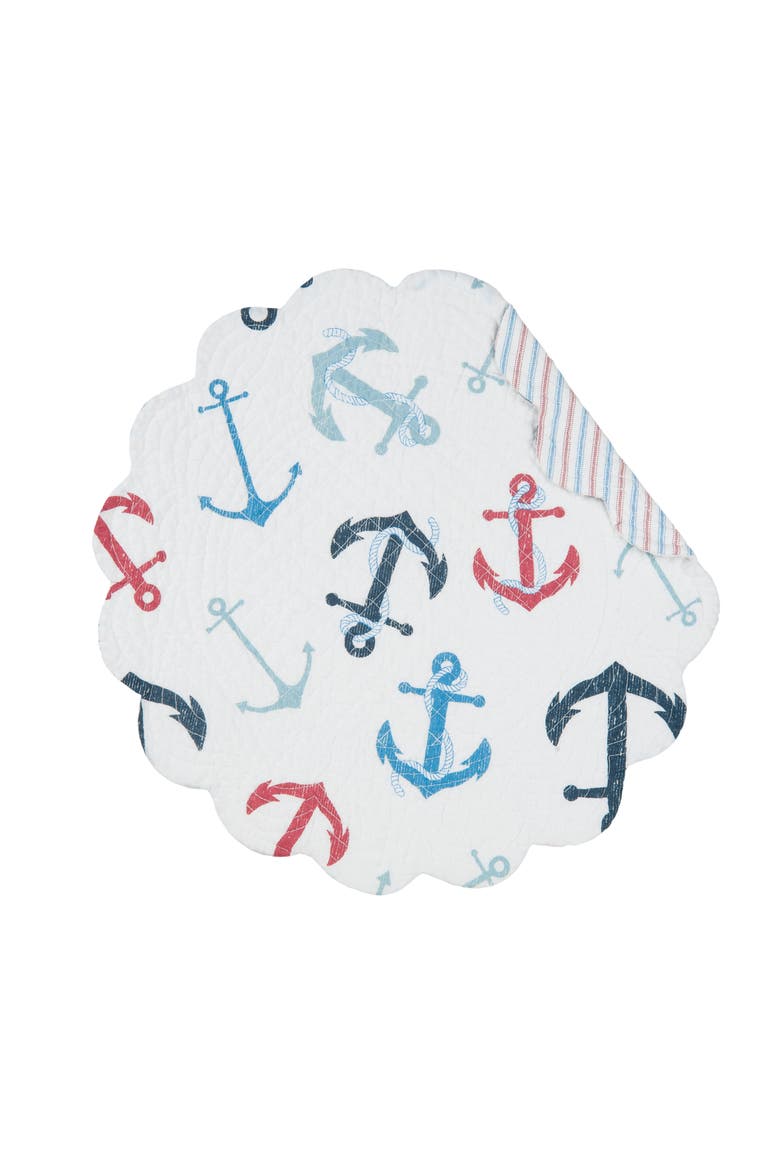 Anchors Away Cotton Quilted Round Reversible Placemats Set of 6, 17", Main, color, White