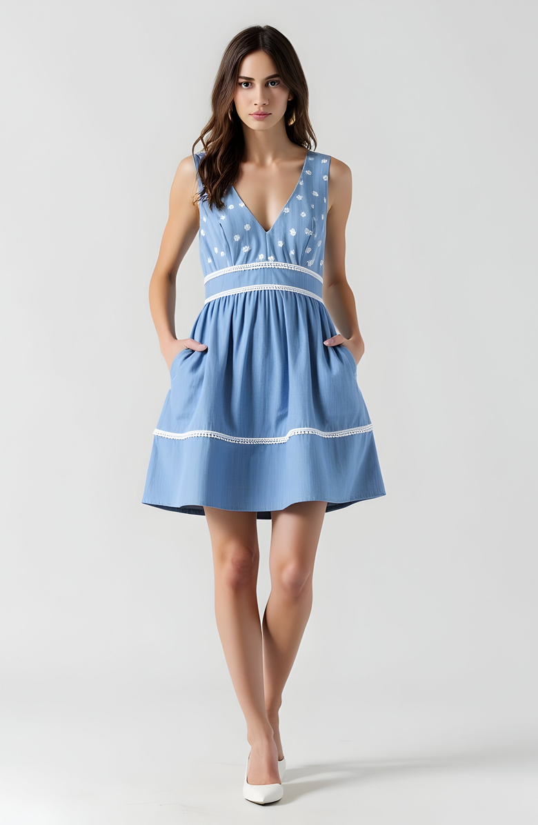 Modenaire Embroidered Sleeveless Lace-Trim V-Neck Mini Dress, Main, color, 
