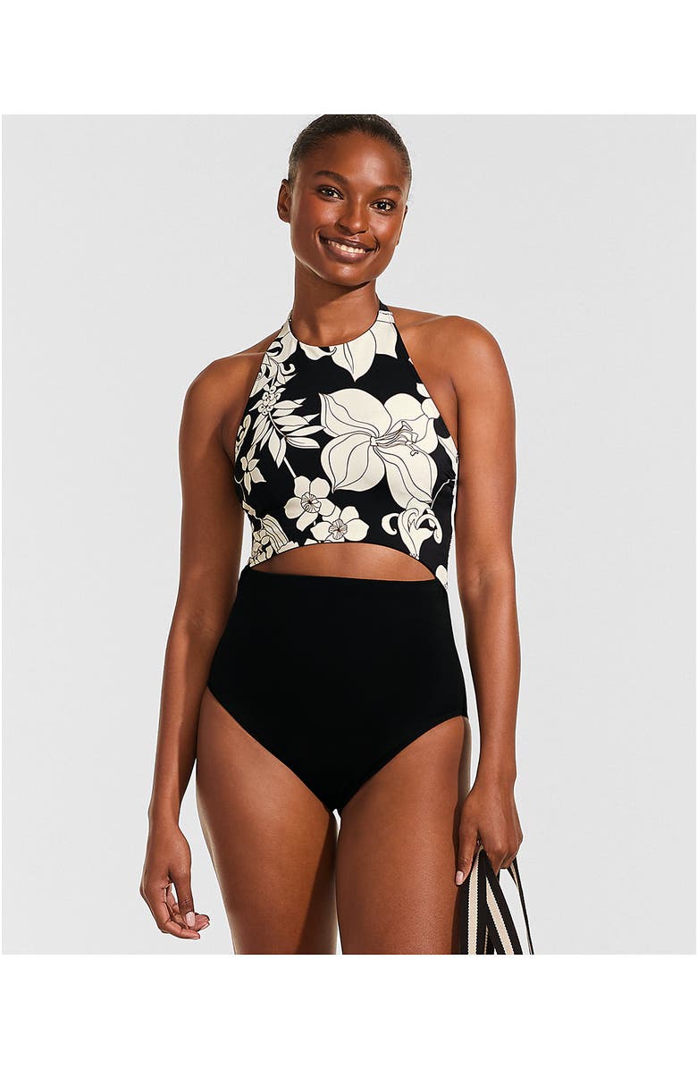 Lands' End Tugless Halter Monokini High Leg One Piece Swimsuit, Alternate, color, Black/Egret Lilies
