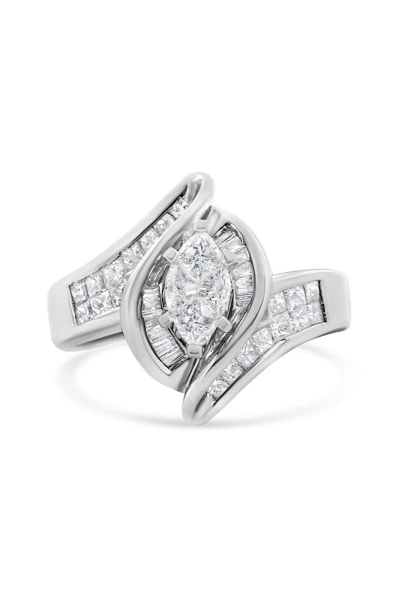 14K White Gold 1 1/4 Cttw Pie, Baguette and Princess cut Diamond Marquise Shape Engagement Cocktail Ring, Alternate, color, White Gold